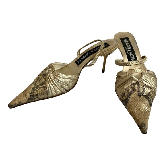 Vintage VERDECCHIA & MAINQUA Gold Snakeskin Leather Mules EU35 US5.5 - Picture 3 of 6